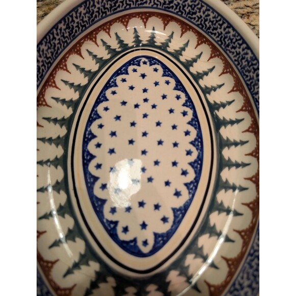 Boleslawiec Polish Pottery Christmas Tree Stars Oval Baking Dish 13.75 inx9.5in - Picture 4 of 7